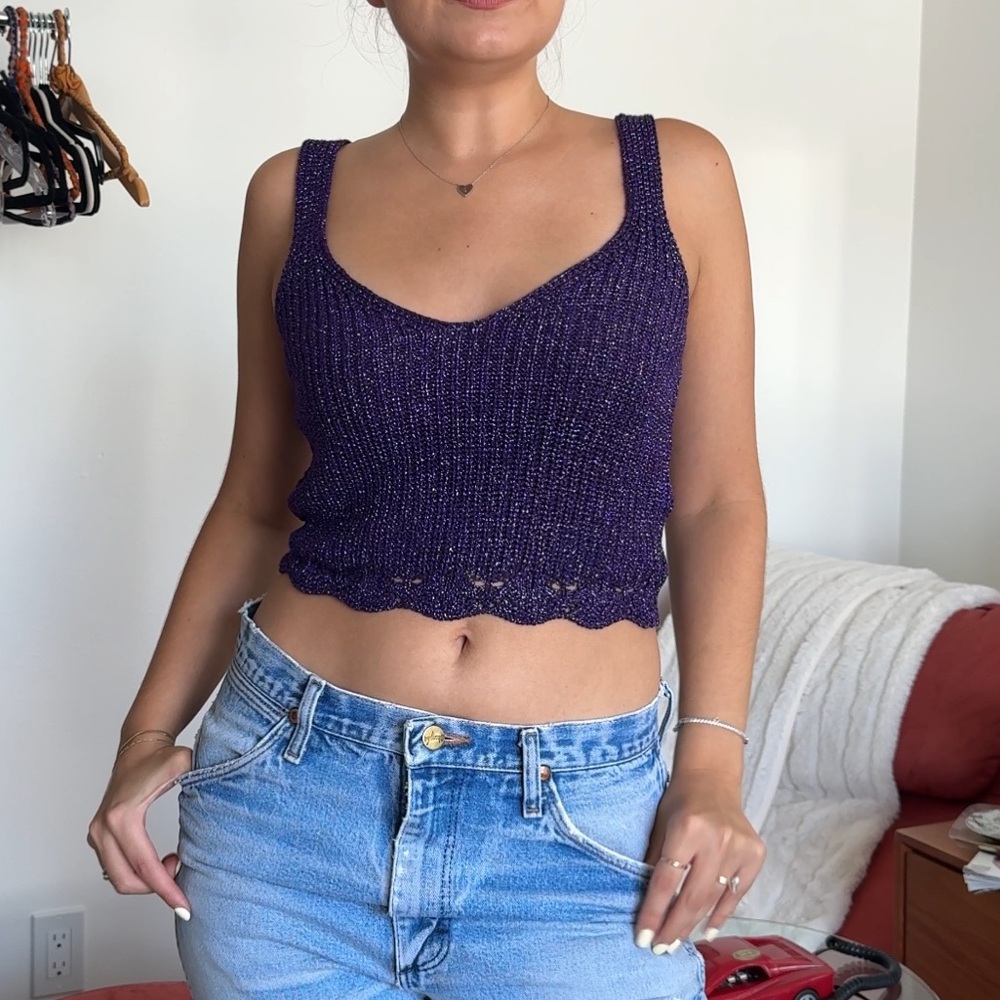 Cropped purple metallic knit tank